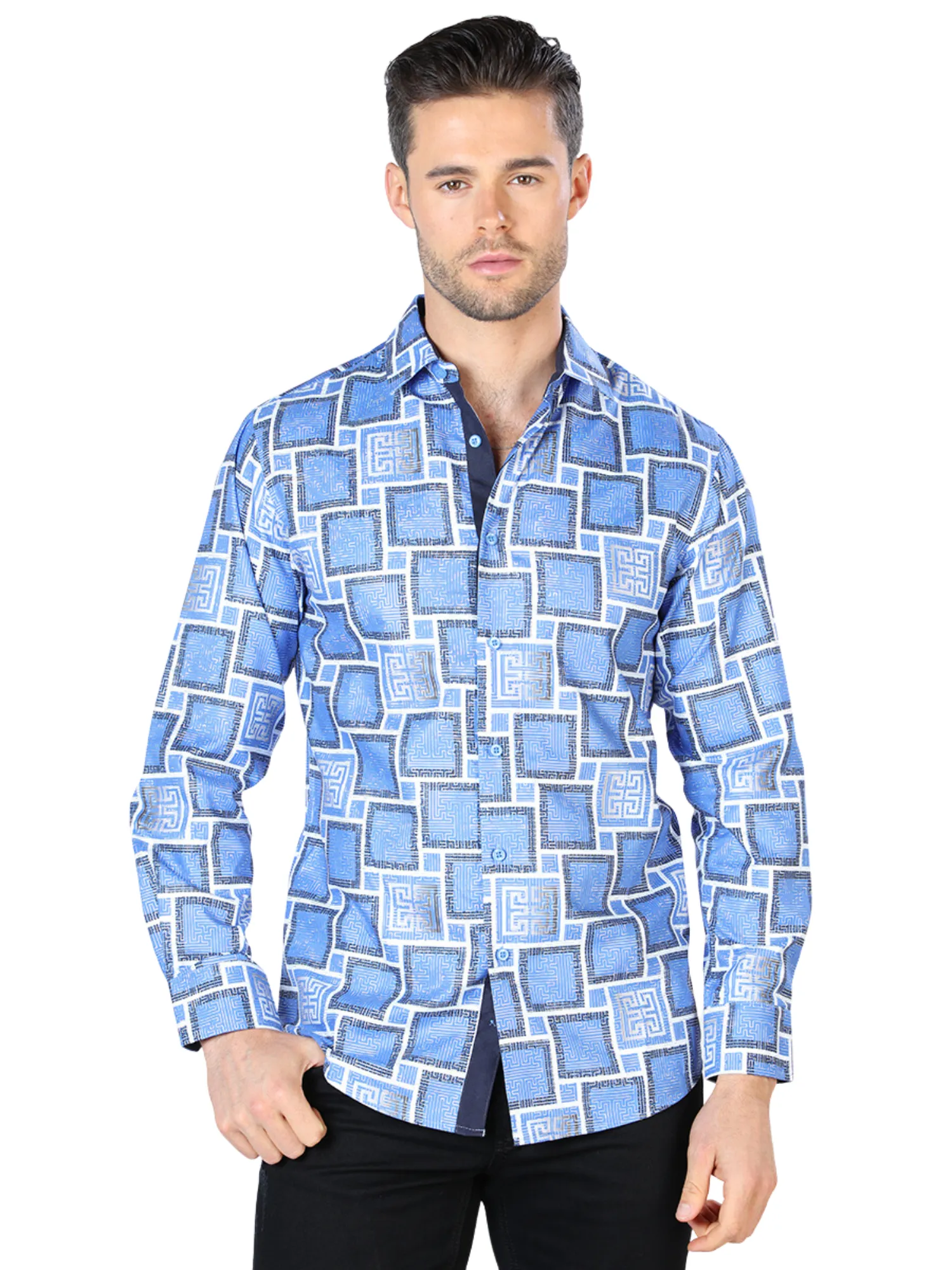 Camisa Casual Manga Larga Estampada Azul para Hombre 'El Señor de los Cielos' - ID: 44004