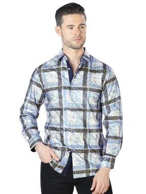 Camisa Casual Manga Larga Estampada Azul/Amarillo para Hombre 'El Señor de los Cielos' - ID: 44010