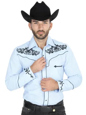 Camisa Vaquera Bordada Manga Larga Azul para Hombre 'El General' - ID: 41207