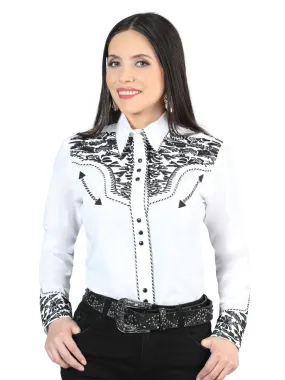 Camisa Vaquera Bordada Manga Larga Blanco/Negro para Mujer 'El General' - ID: 44343