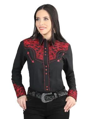 Camisa Vaquera Bordada Manga Larga Negro/Rojo para Mujer 'El General' - ID: 44344