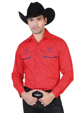 Camisa Vaquera Bordada Manga Larga Rojo para Hombre 'El General' - ID: 42511