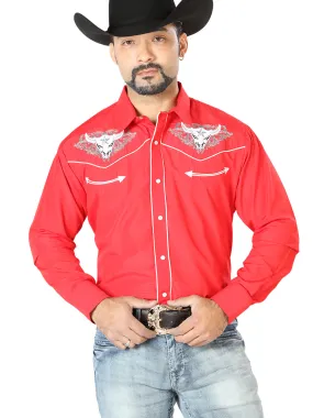 Camisa Vaquera Bordada Manga Larga Rojo para Hombre 'El Señor de los Cielos' - ID: 126678