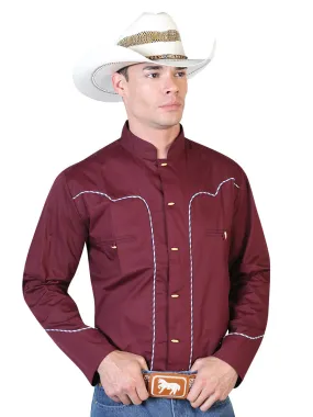 Camisa Vaquera Charra Manga Larga Burgandy para Hombre 'El Señor de los Cielos' - ID: 42533