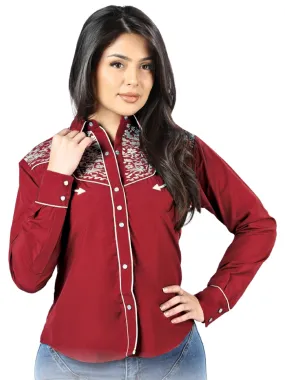 Camisa Vaquera Manga Larga Bordada Burgandy para Mujer 'El Señor de los Cielos' - ID: 44184