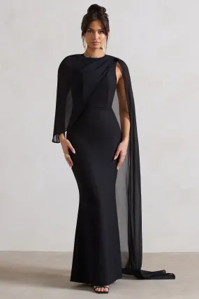 Haze | Robe longue noire à encolure haute et cape en mousseline