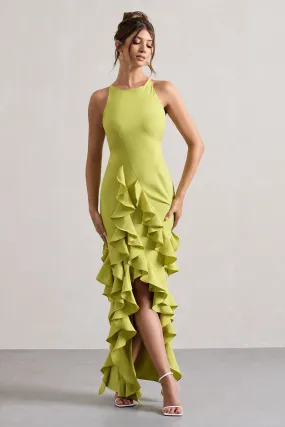 Sommer | Robe longue vert citron à dos nu et froncée